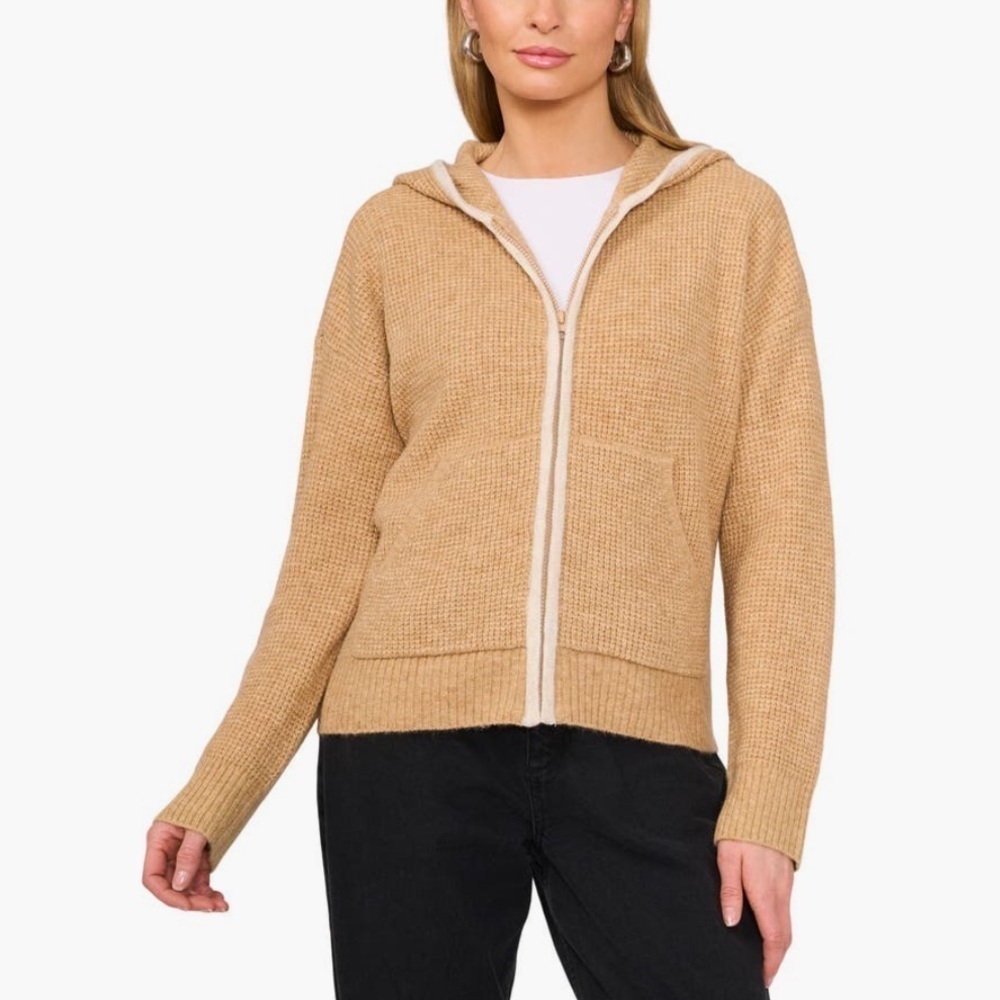 Vince Camuto Waffle Stitch Front Zip Hoodie in Latte Heather Size Large NWOT